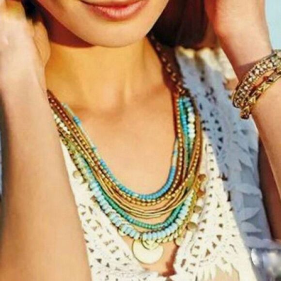 Stella & Dot Isa Gold Disc Turquoise Multi Strand Adjustable Necklace - Picture 3 of 12